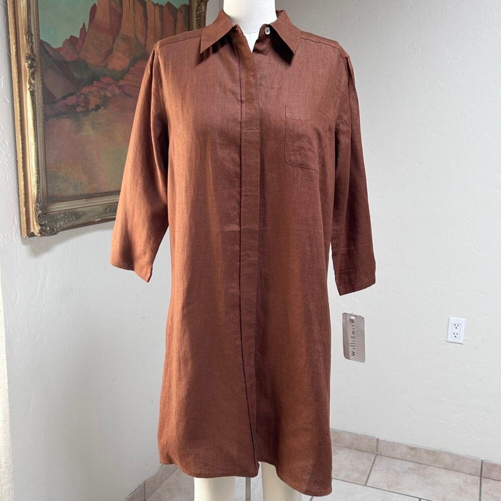 100% Linen Tunic Shirt Dress Brown Lagenlook Minimalist Fall Layering Women M